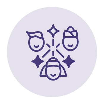 A circular purple icon featuring minimalist outlines of three faces connected by lines and surrounded by star-like shapes, symbolising collaboration and community.