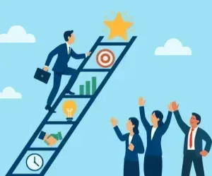  Business professionals ascending a ladder towards a shining star, symbolizing ambition and success in their careers.