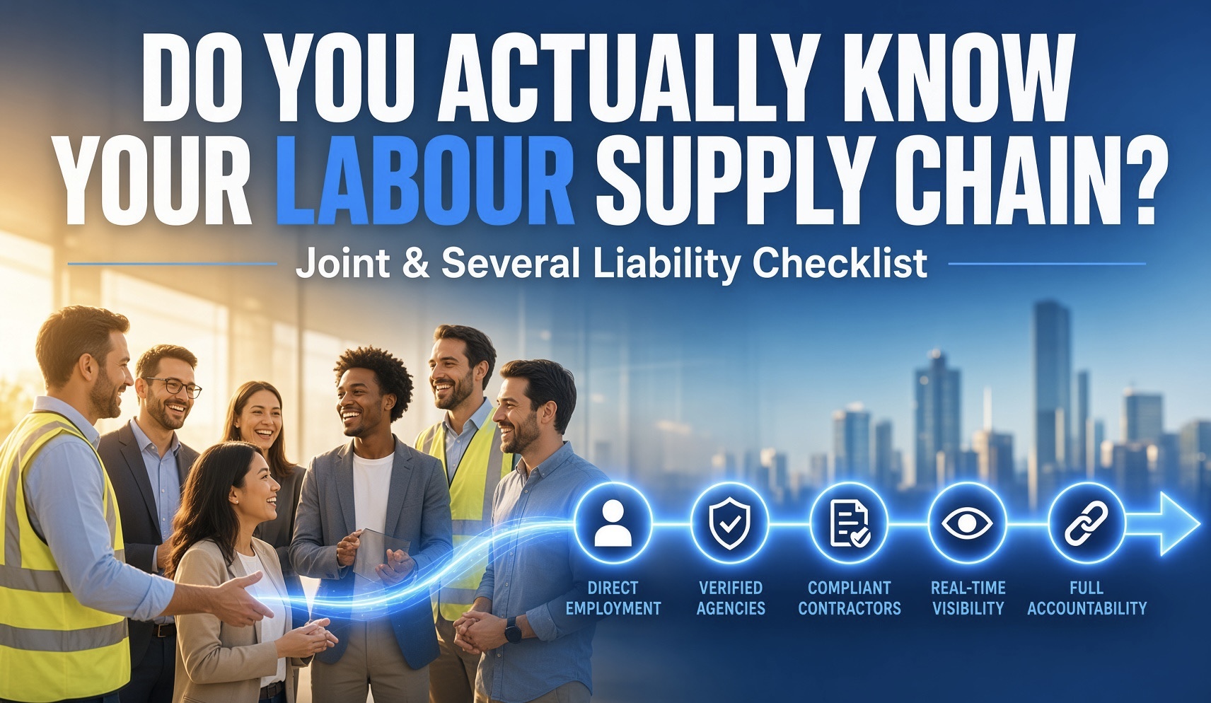 Diverse group of smiling professionals in high-visibility vests and business attire collaborating outdoors, with a glowing process flow showing Direct Employment, Verified Agencies, Compliant Contractors, Real-time Visibility and Full Accountability under the headline “Do you actually know your labour supply chain? – Joint & Several Liability Checklist” by MAK Jobs.