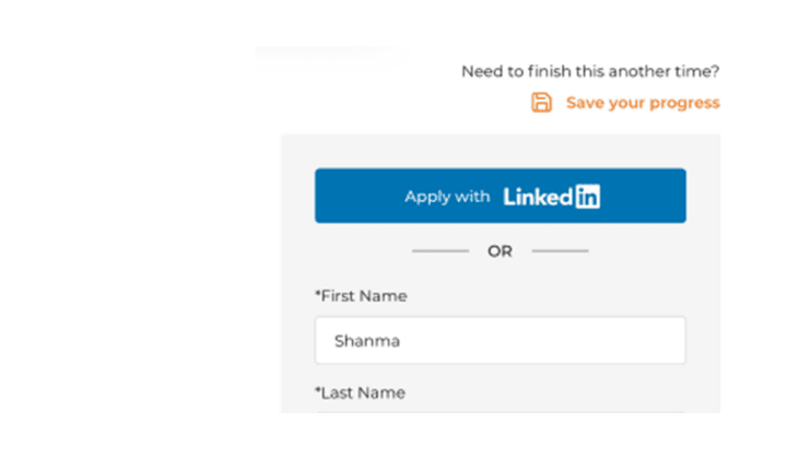 Volcanic candidate application forms with Apply with LinkedIn and Save as Draft functionality