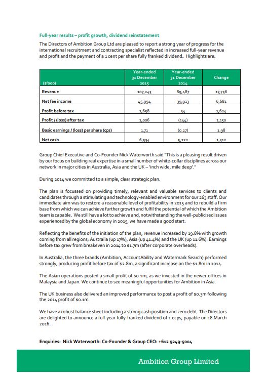 2016 ASX FY15 Results