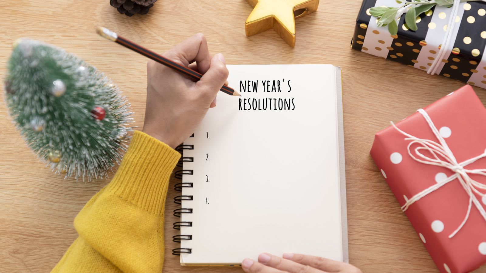Woman Hand Writing New Years Resolution Note Paper New Year Day Min