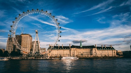 View of London Eye and River Thames with Sailing ships