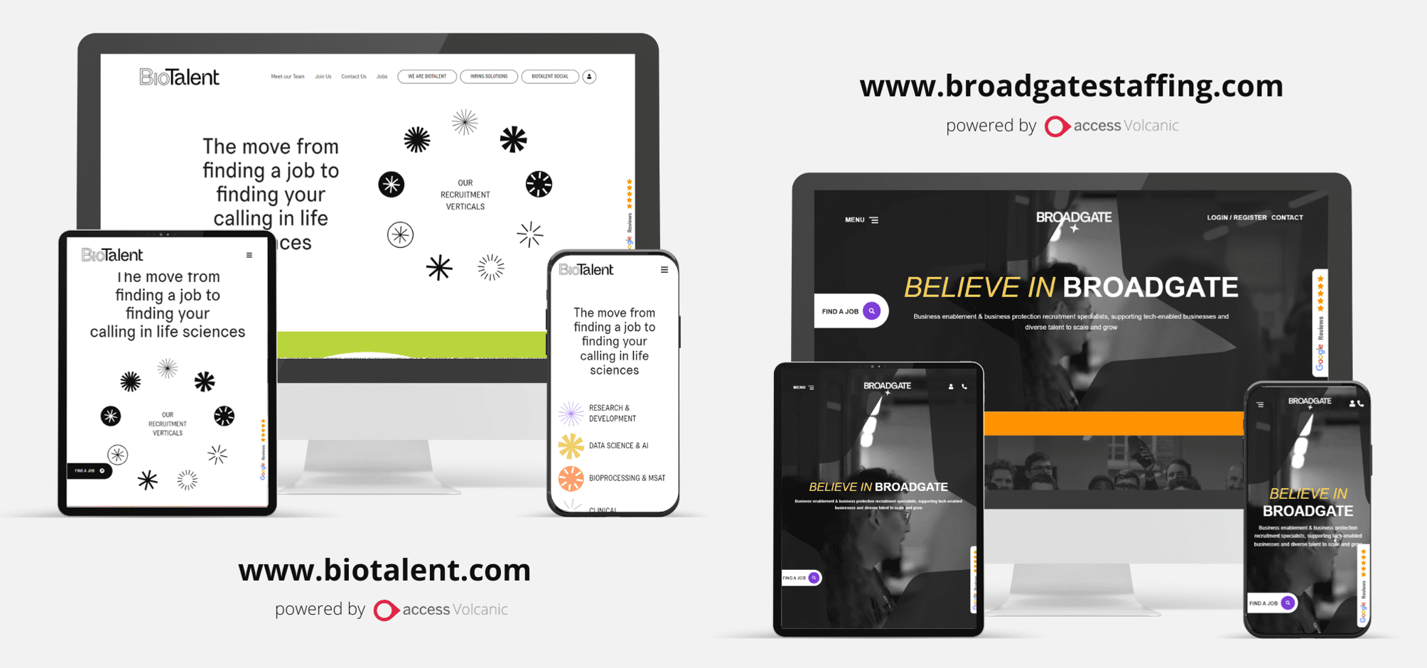 BioTalent and Broadgate Staffing recruitment websites by Access volcanic