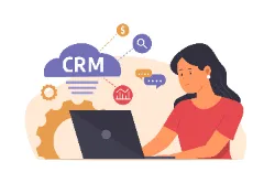 Cartoon of lady on laptop with CRM in a cloud behind