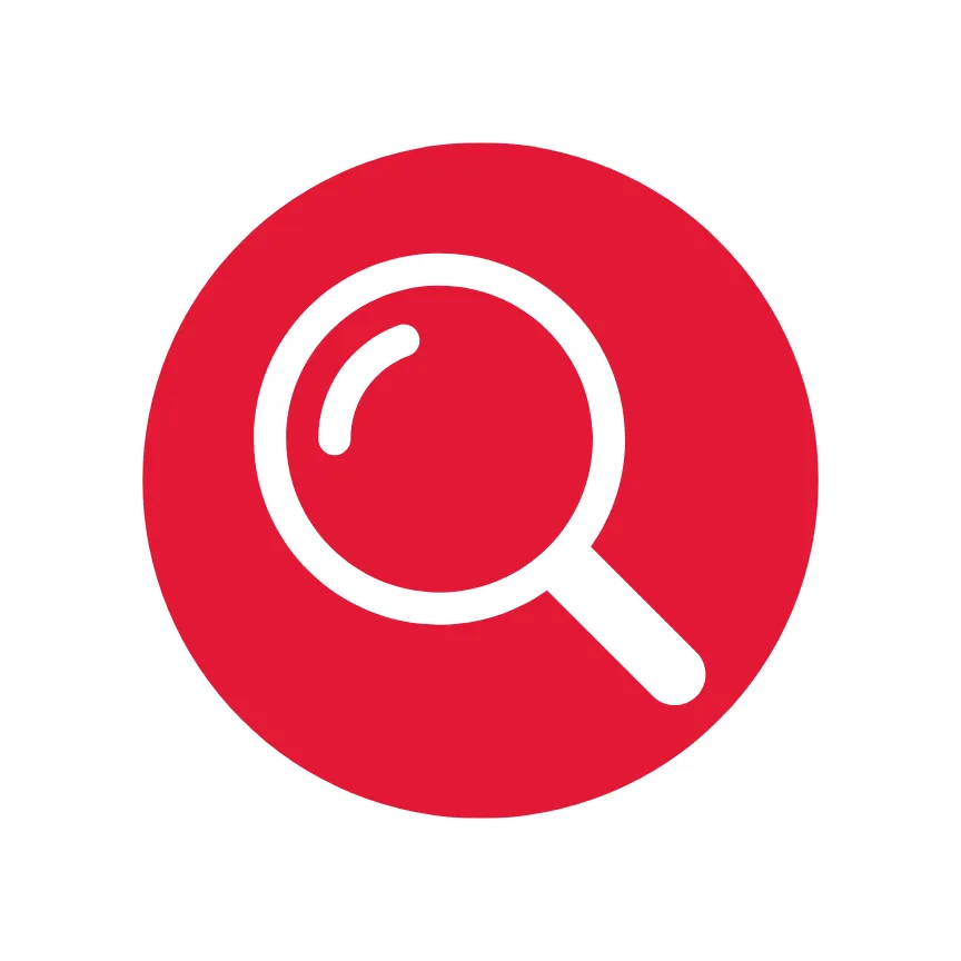 A white magnifying glass icon centred within a red circle.