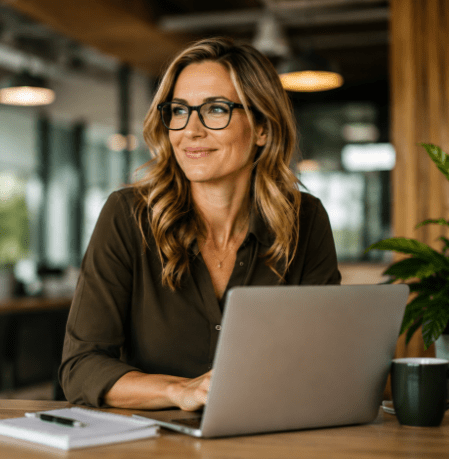 A successful businesswoman with glasses smiling at the desk with her laptop in a modern office