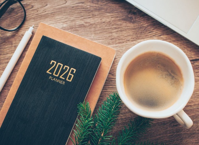 Desktop showing 2026 diary, pen and coffee
