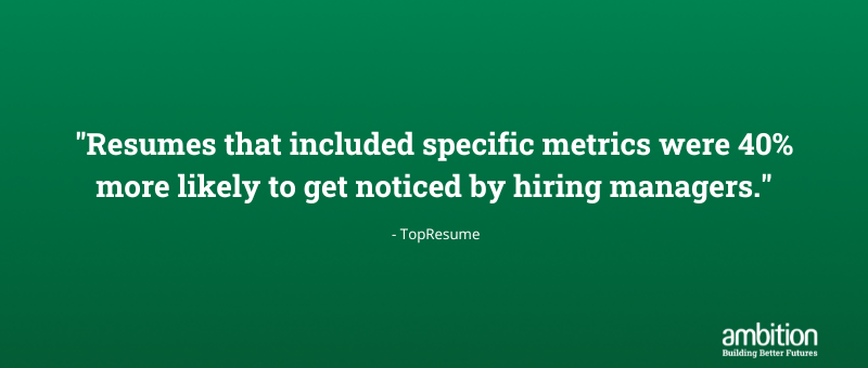 Green box with quote "resumes that included specific metrics were 40% more likely to get noticed by hiring managers."