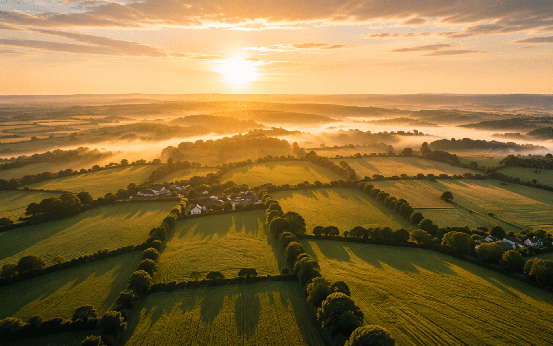 An image of rural green farm fields in the UK in sunlight