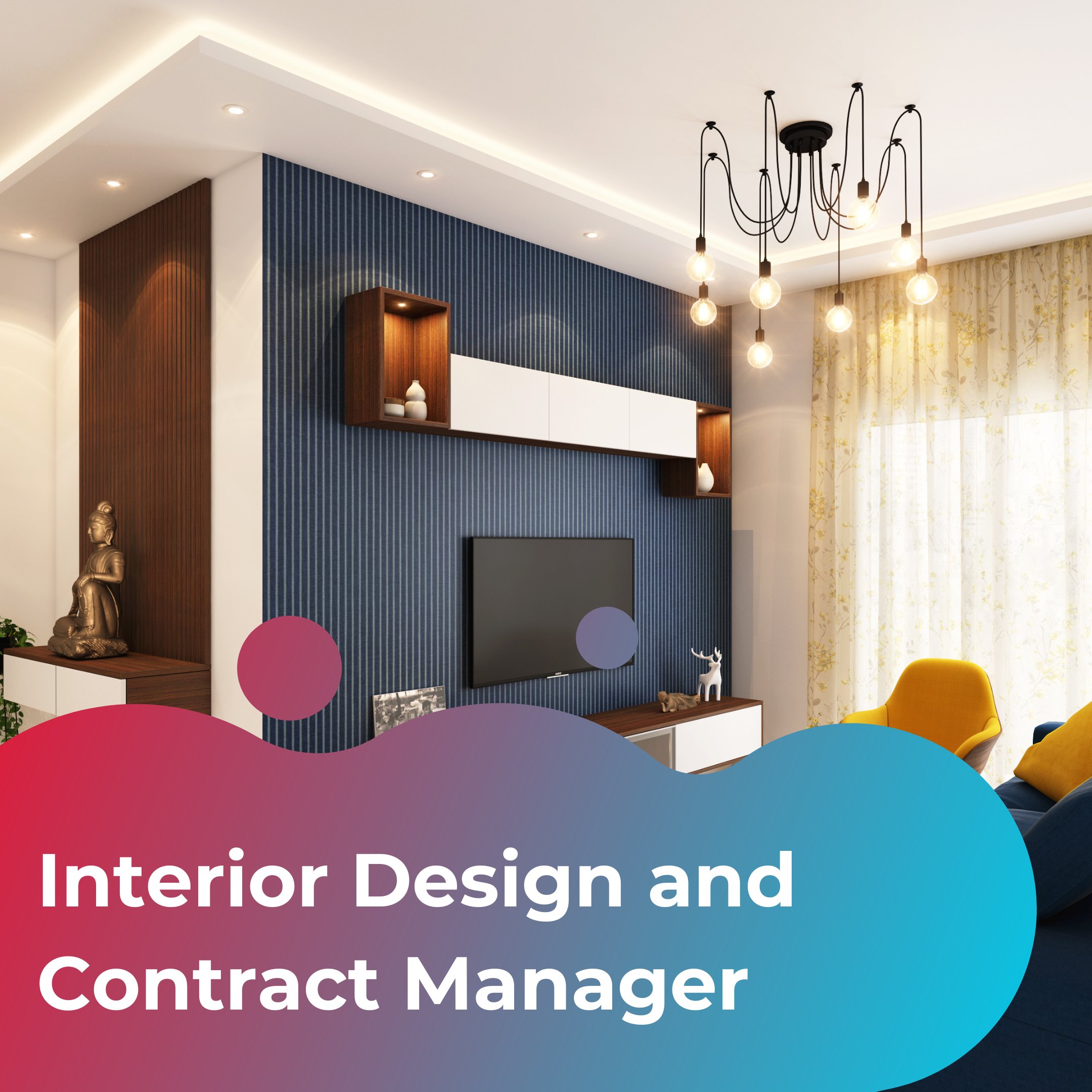 Interior Design and Contract Manager Case Study. Image shows an elegantly decorated living room, displaying colours of deep blue, navy, gold and white interior decoration.