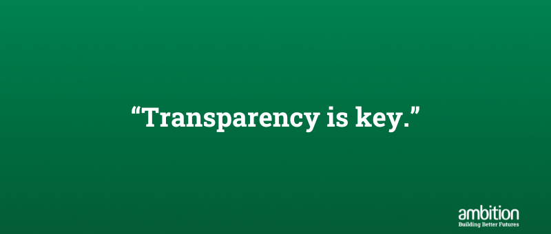 Green box with quote "Transparency is key"