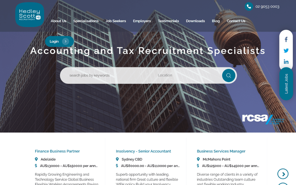 Hedley Scott recruitment website by Access Volcanic in desktop view