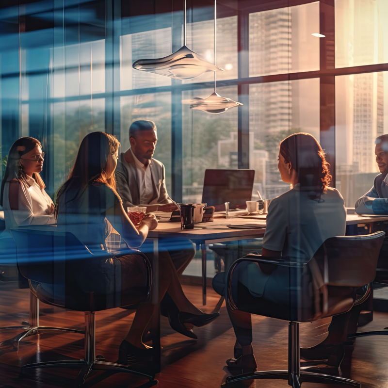 Corporate employees around a meeting desk