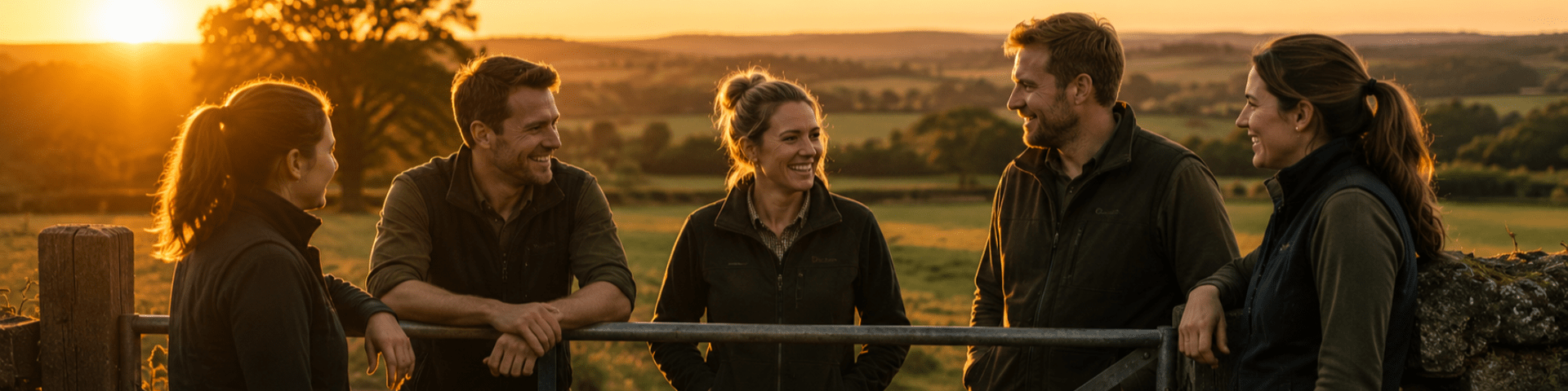 A group of agricultural rural people stood at a farm gate laughing in sunlight