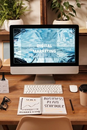 Computer with digital marketing text on screen