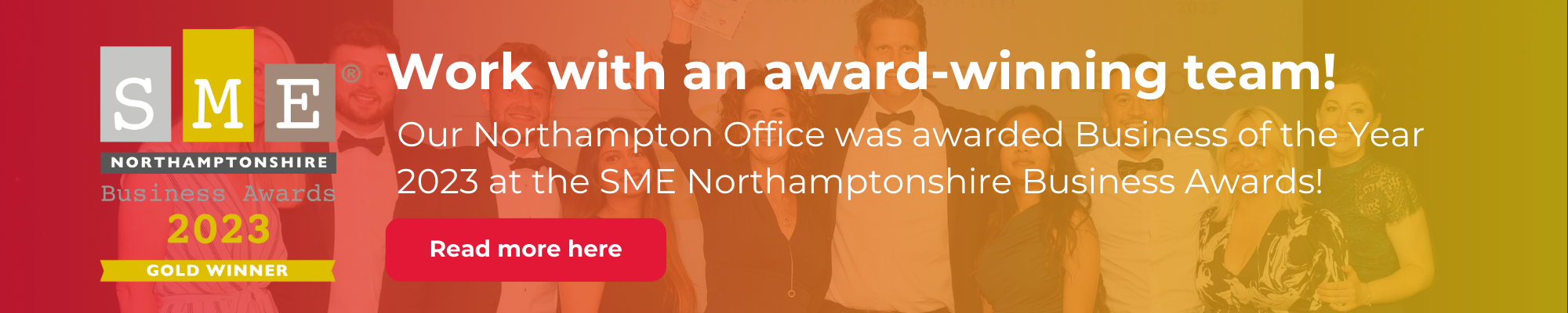 The ONE Group Northampton office celebrates winning Business of the Year at the SME Northamptonshire Business Awards 2023. The image shows a group of smiling employees in front of a red background with award details.