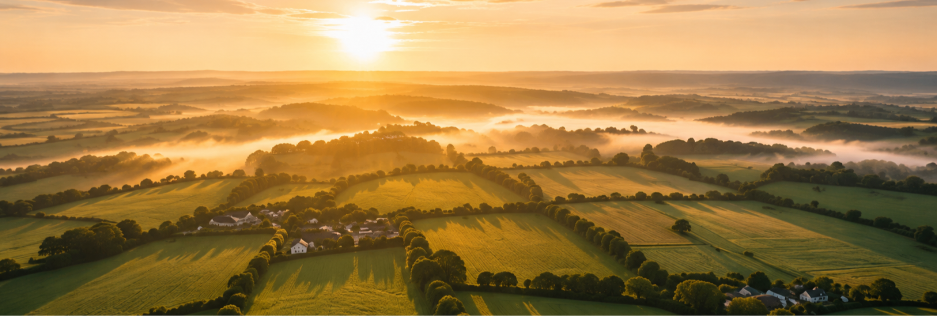 An image of rural green farm fields in the UK in sunlight