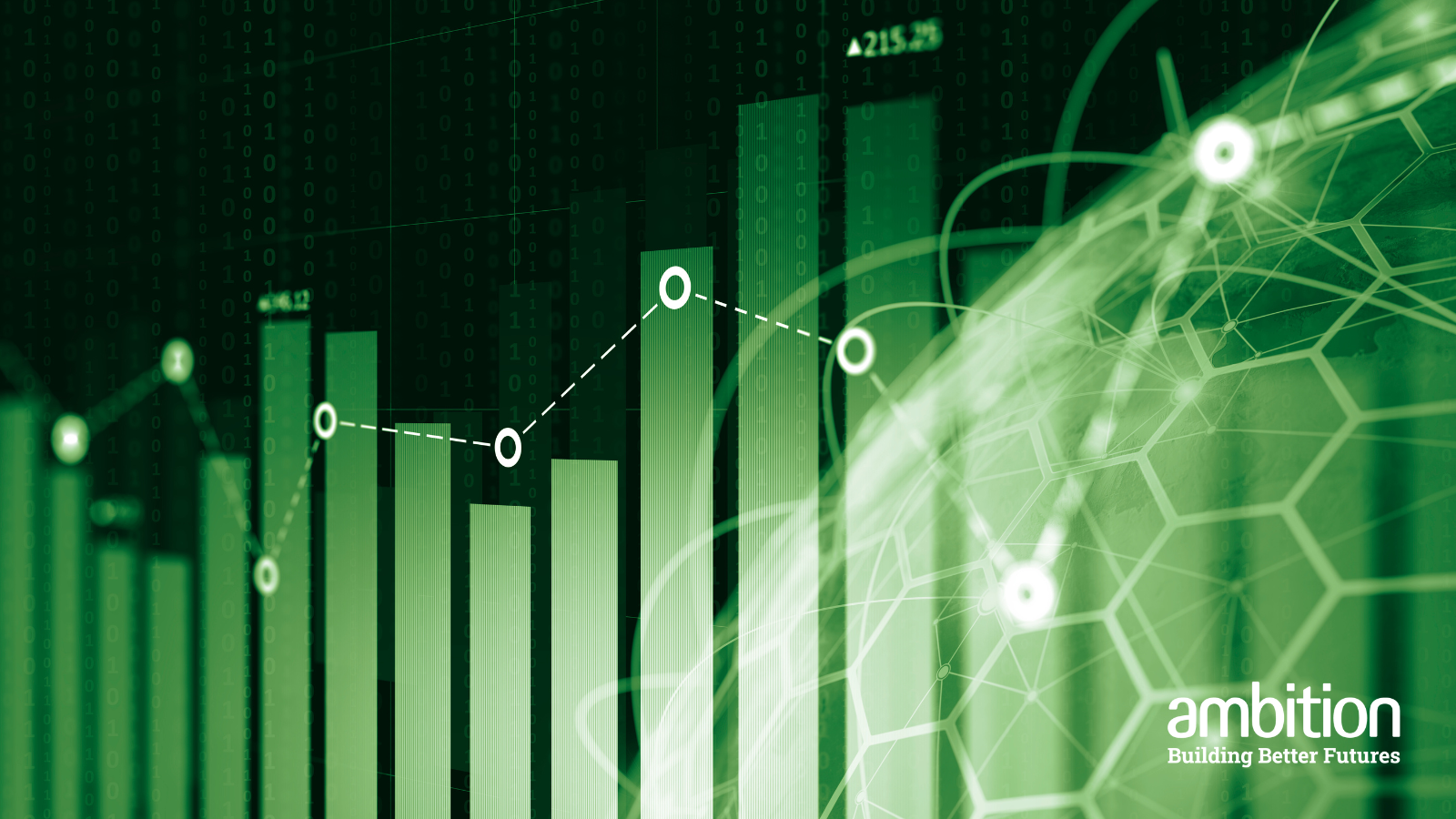 A green bar chart with connected data points 