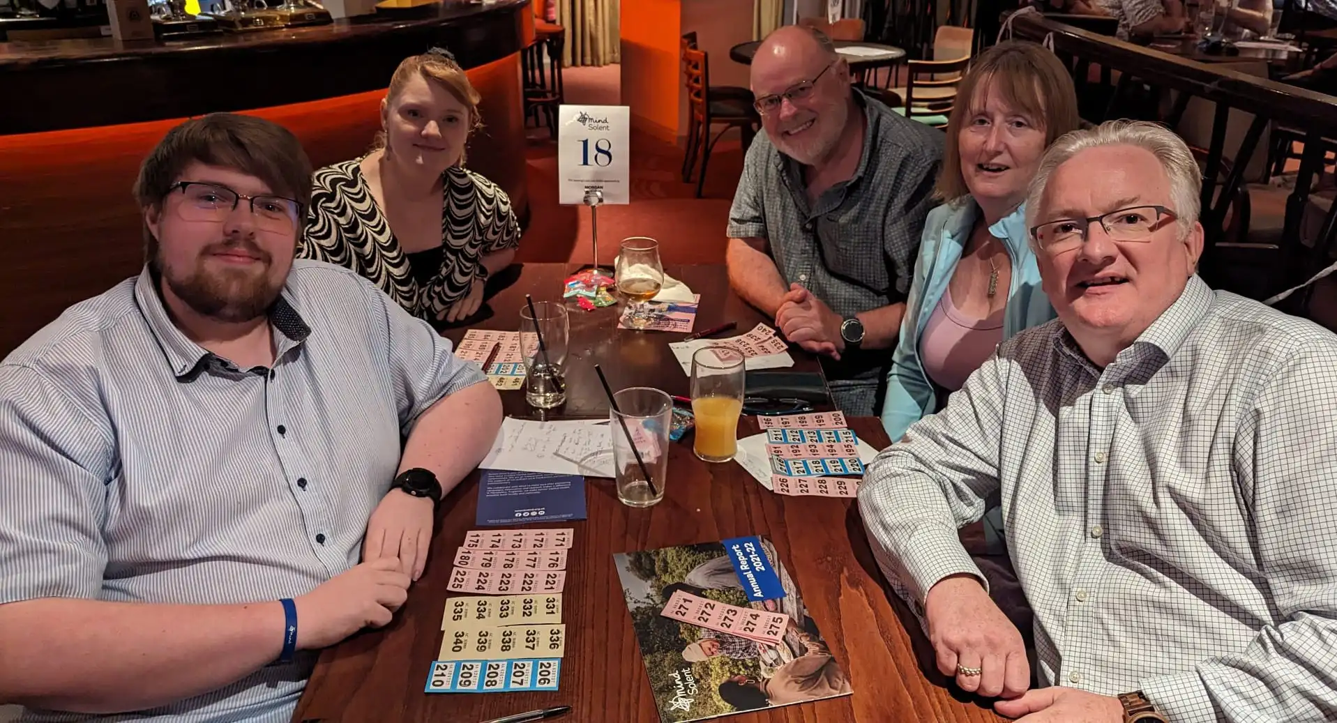 Matt, Laura, Andy, Meryl and Alan at the Solent Mind table quiz in Eastleigh