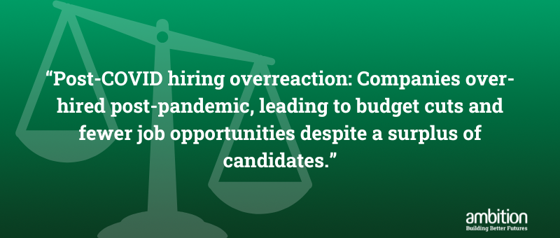 Green box with quote "Post-COVID hiring overreaction: Companies over-hired post-pandemic, leading to budget cuts and fewer job opportunities despite a surplus of candidates."