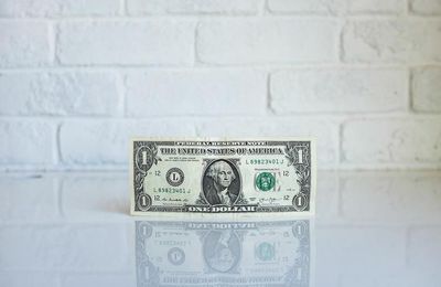 american dollar bill in front of white brick wall
