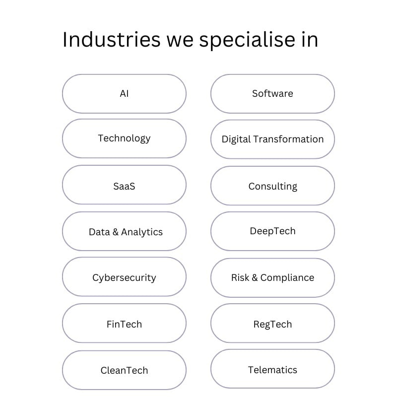 Industries we specialise in: AI, Software, Technology, Digital Transformation, SaaS, Cybersecurity, Data and Analytics, Consulting, DeepTech, Risk and Compliance, FinTech, RegTech, CleanTech, Telematics