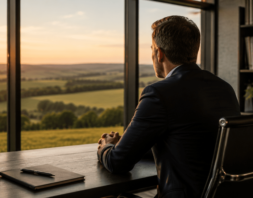 A man in a suit sat at a desk looking out to green rural fields in the distance