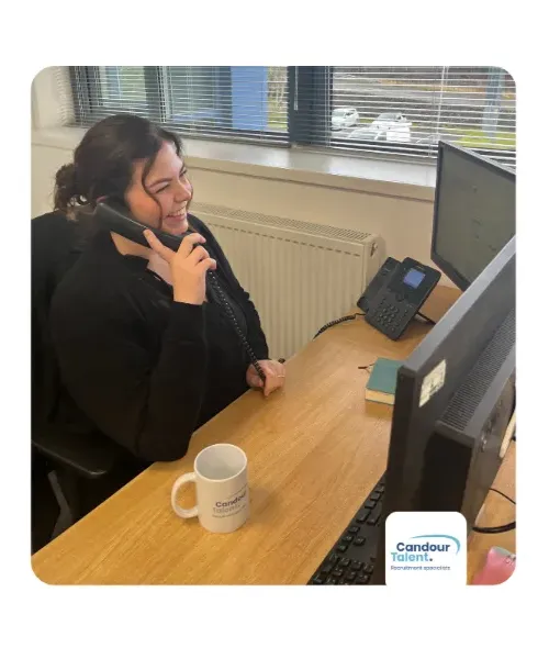 Candour Talent Recruitment Agency - Temporary Jobs Page. Image of our Head of driving, Deborah Caldwell, our Junior Recruitment Consultant, Ellis Jones, and our Branch Manager, Kyle Smith, working together and on the phones, exemplifying our team's dedication to efficiently managing temporary job placements