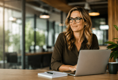 A successful businesswoman with glasses smiling at the desk with her laptop in a modern office