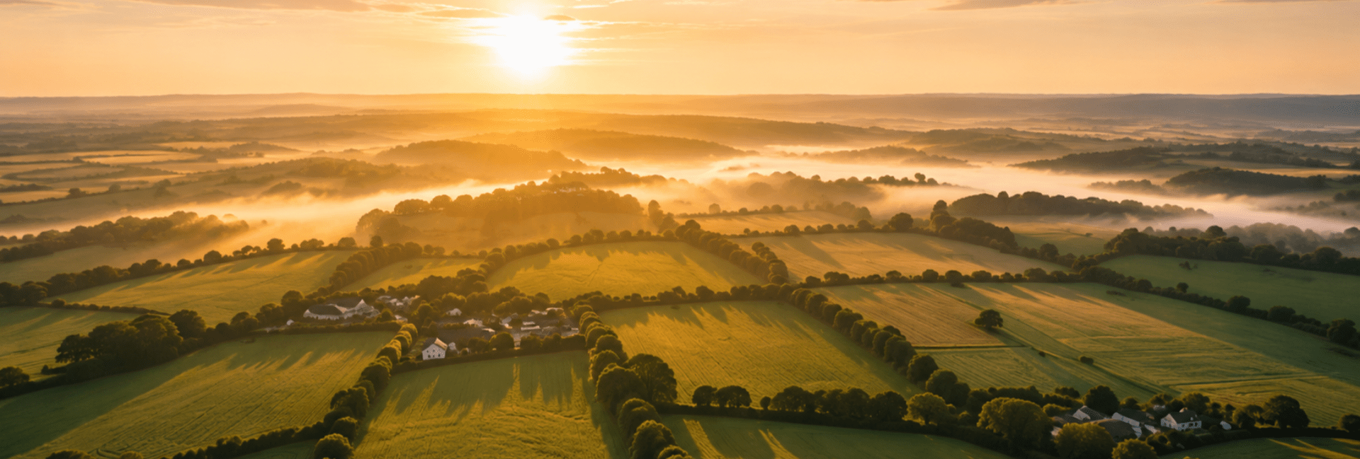 Sunset over farming fields