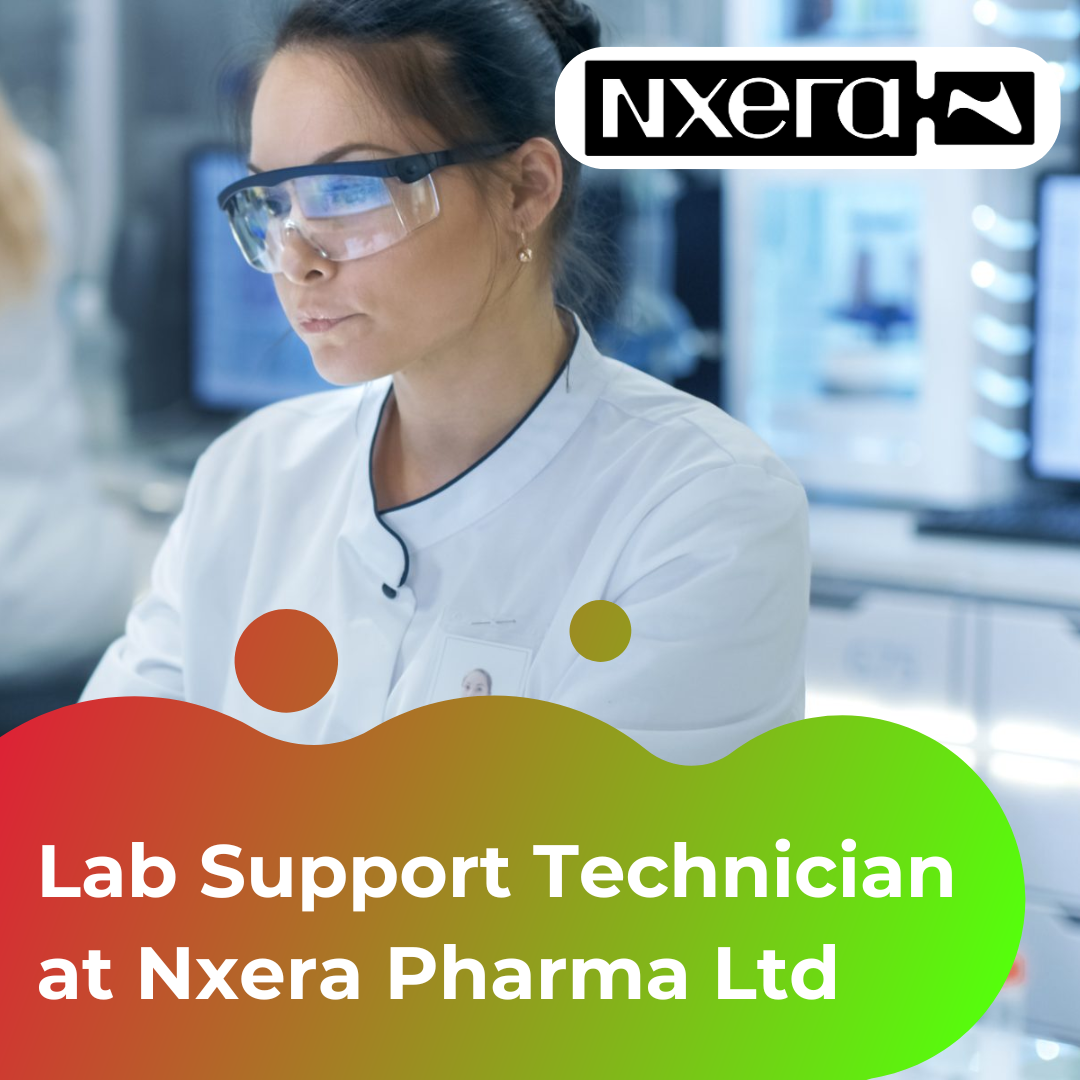 Lab Support Technician at Nxera Pharma Ltd. Image shows a person dressed in a white lab coat and wearing safety glasses looking at a computer in a lab setting.