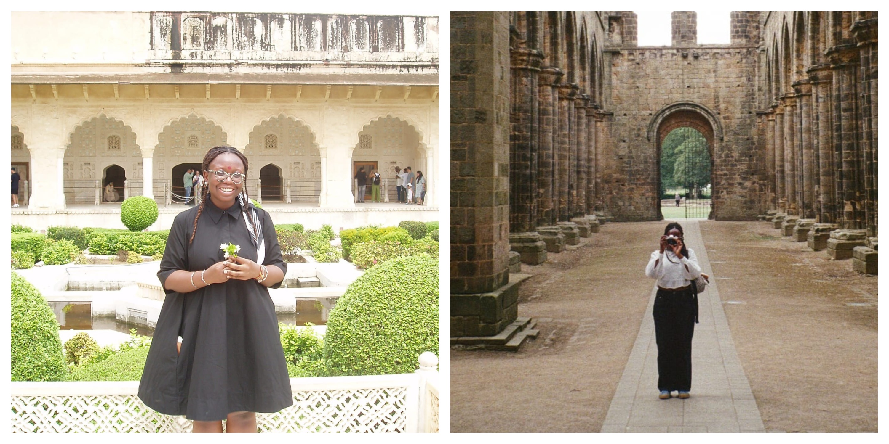 A split image featuring a woman in a black dress on the left and a woman in a white dress on the right