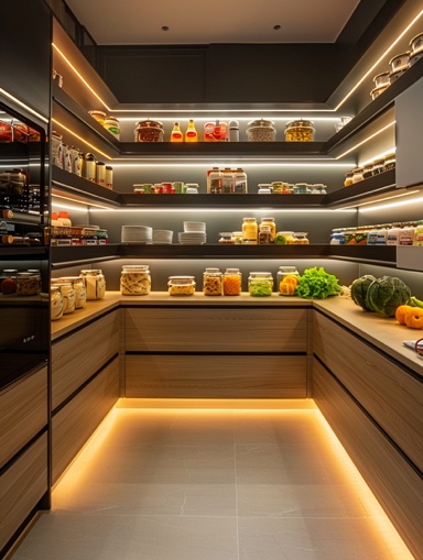 A pantry with shelves and food on it  AI-generated content may be incorrect.