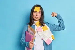 A woman covered in sticky notes on her arm, showcasing her proactive nature and readiness to assist others.