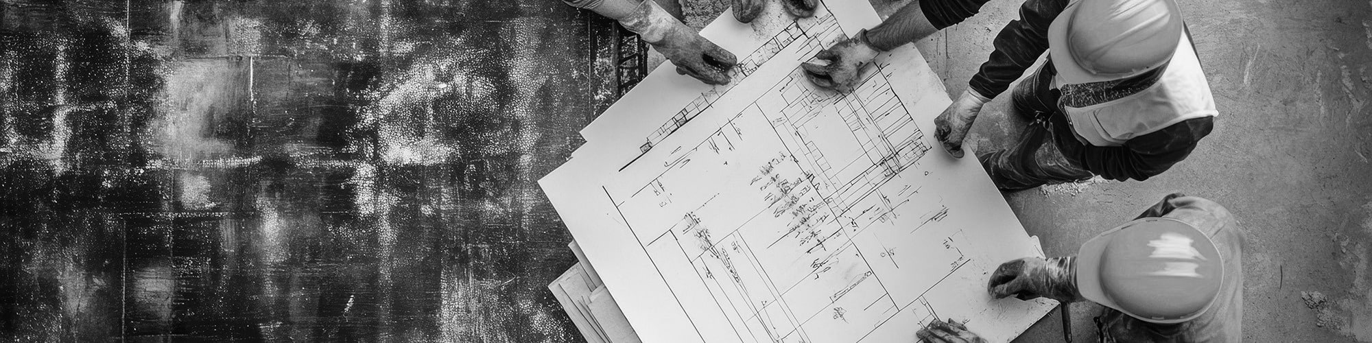Construction workers around architectural drawing