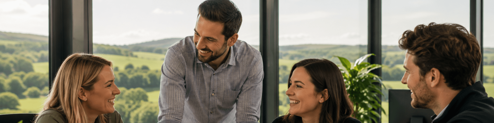 A group of people having a team meeting in an office with a window looking out to farm fields