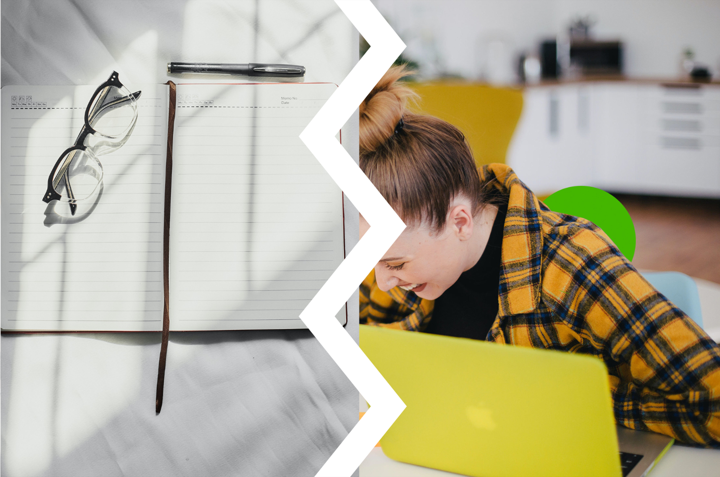 Banner picturing a diary, pen and glasses alongside a woman laughing