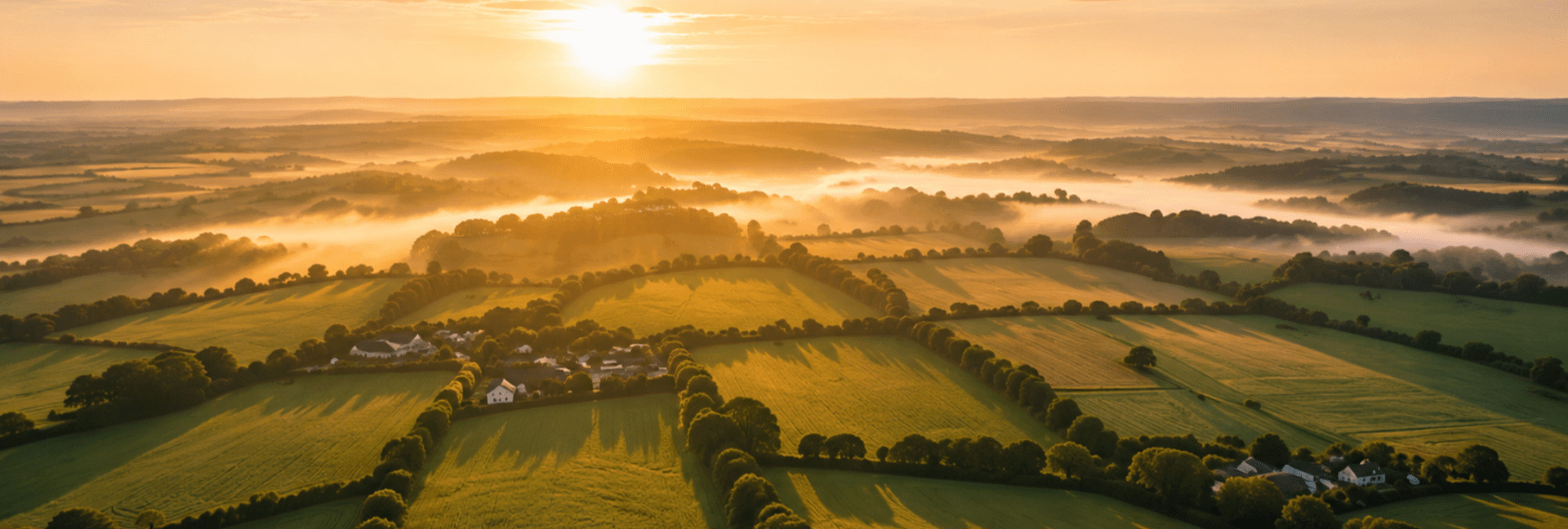 Sunset over farming fields