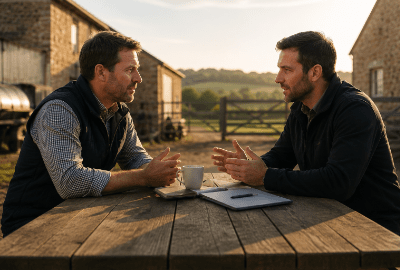A farmer having a meeting with a sales person at a bench on the farm