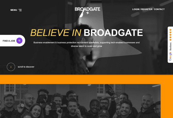 Broadgate recruitment website by Access Volcanic on desktop