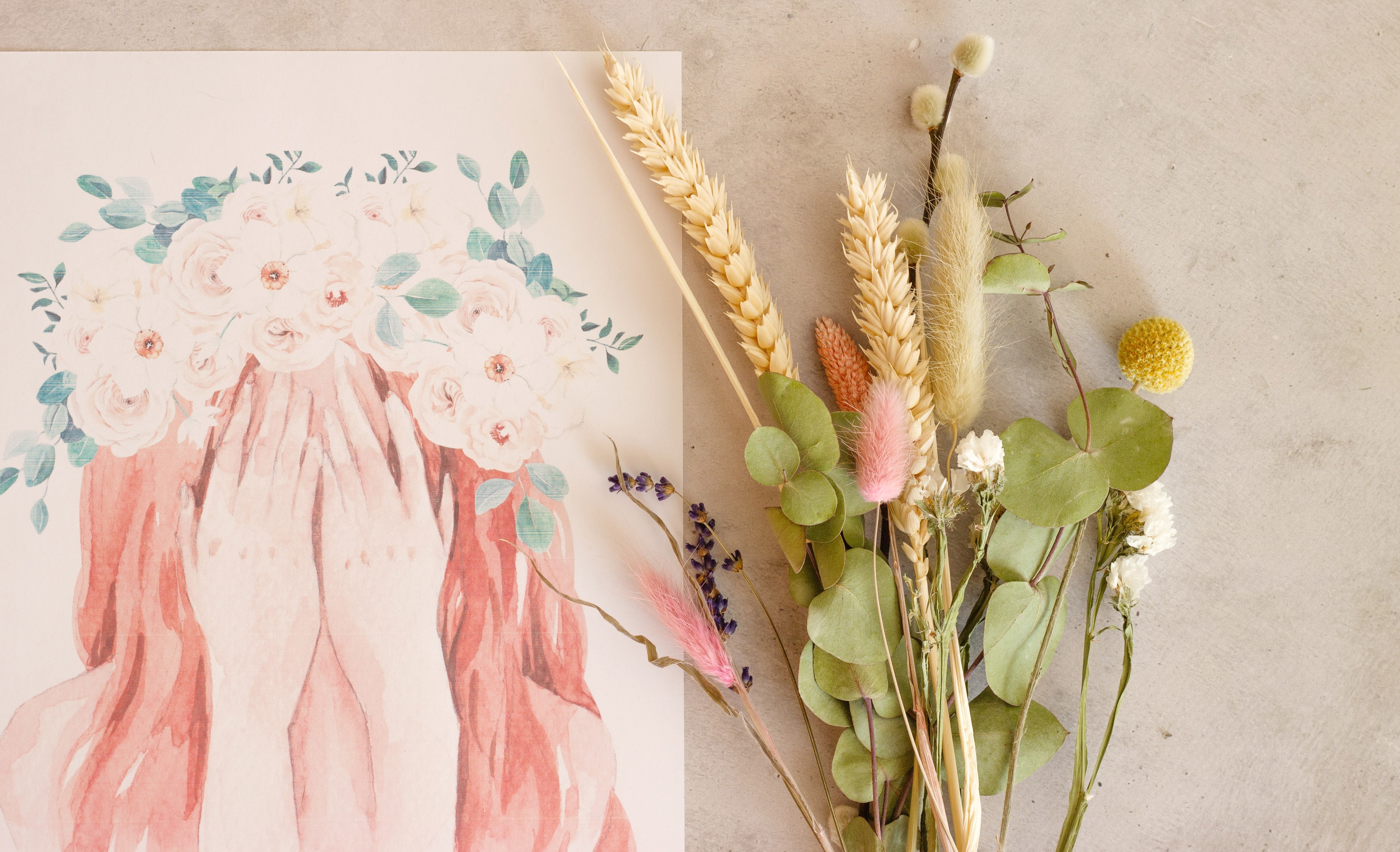 A painting of a woman and some dried flowers