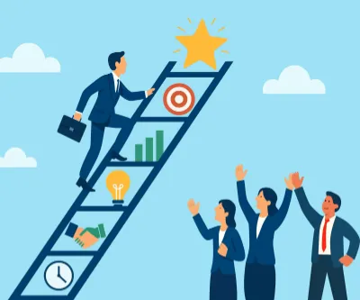 A businessman climbing a ladder with icons representing success, while three colleagues cheer from below against a blue sky.