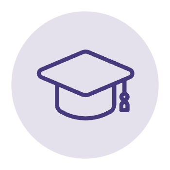 A circular purple icon featuring a simple outline of a graduation cap, symbolising education, learning, or academic achievement.