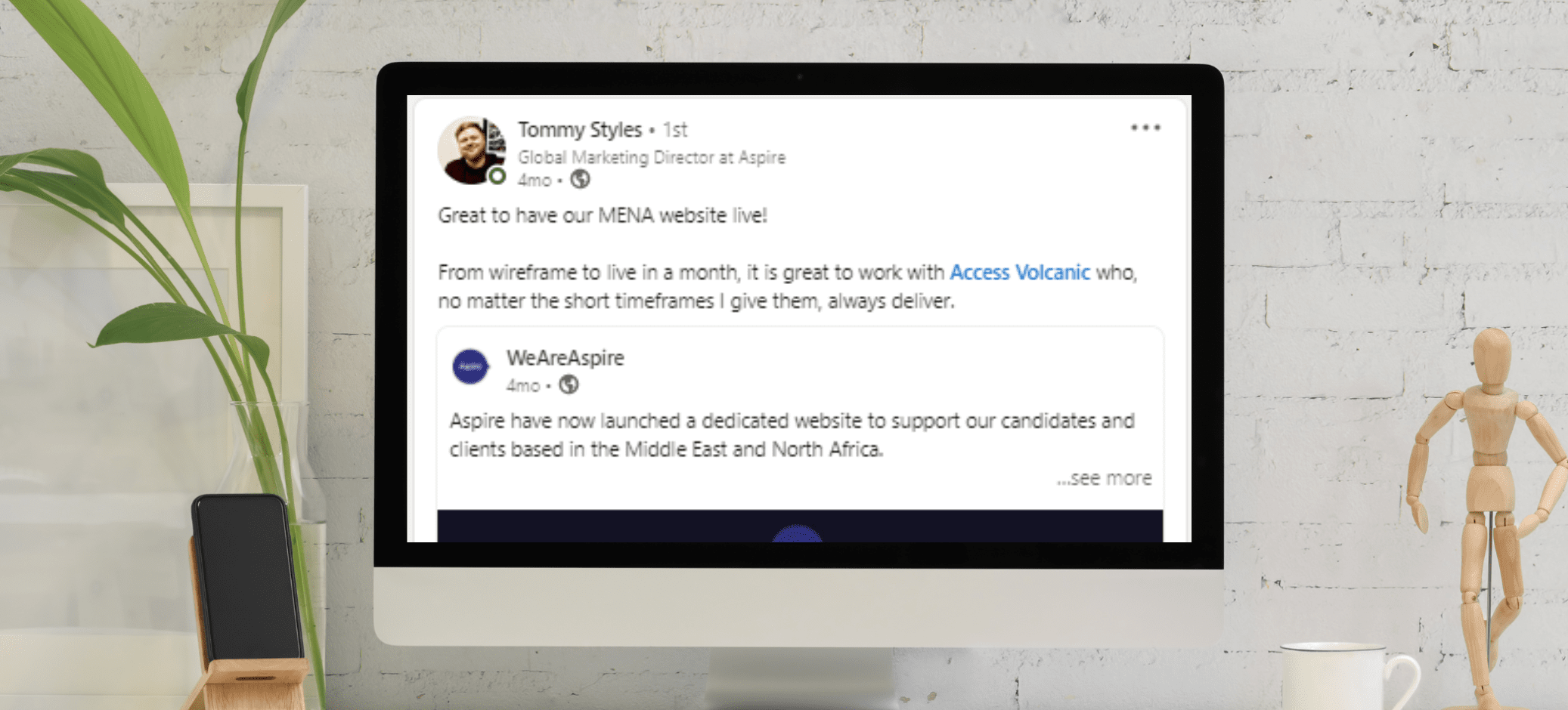 Positive testimonial posted on LinkedIn about Access Volcanic by Global Marketing Director at Aspire