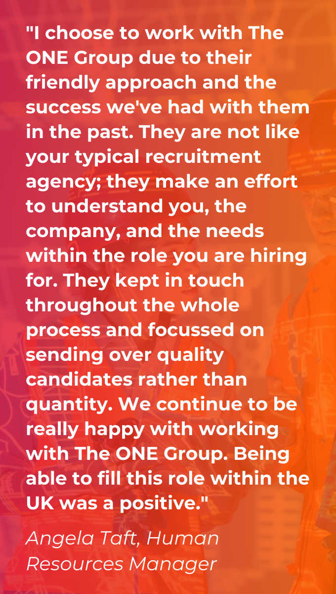 HARTING Testimonial on a red to orange gradient saying "I choose to work with The ONE Group due to their friendly approach and the success we've had with them in the past. They are not like your typical recruitment agency; they make an effort to understand you, the company, and the needs within the role you are hiring for. They kept in touch throughout the whole process and focussed on sending over quality candidates rather than quantity. We continue to be really happy with working with The ONE Group. Being able to fill this role within the UK was a positive."