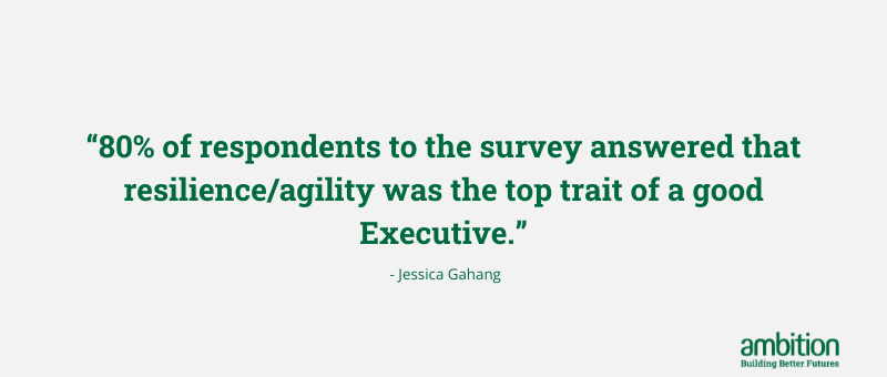 Grey background with quote in green text "80% of respondents to the survey answered that resilience/agility was the top trait of a good Executive." - Jessica Gahang