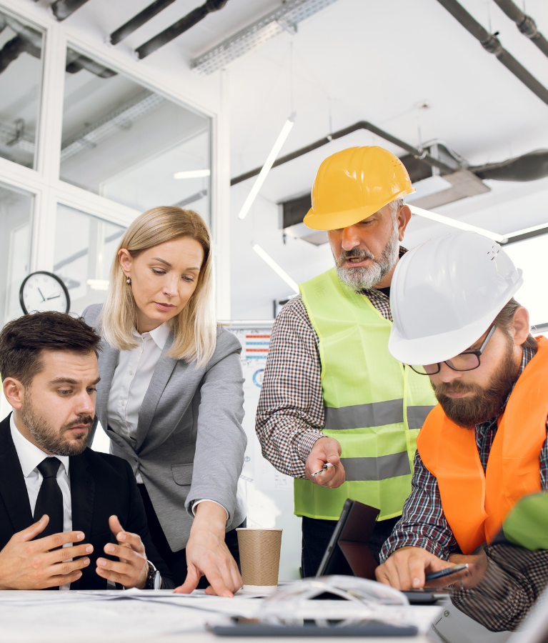 people from hire industry working at table in meeting high vis jackat smart suit