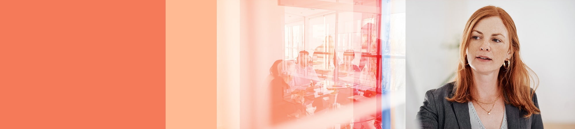 An orange-tinted composition on the left, with a translucent view of a small group meeting in the middle, and a woman facing right in the foreground on the far right