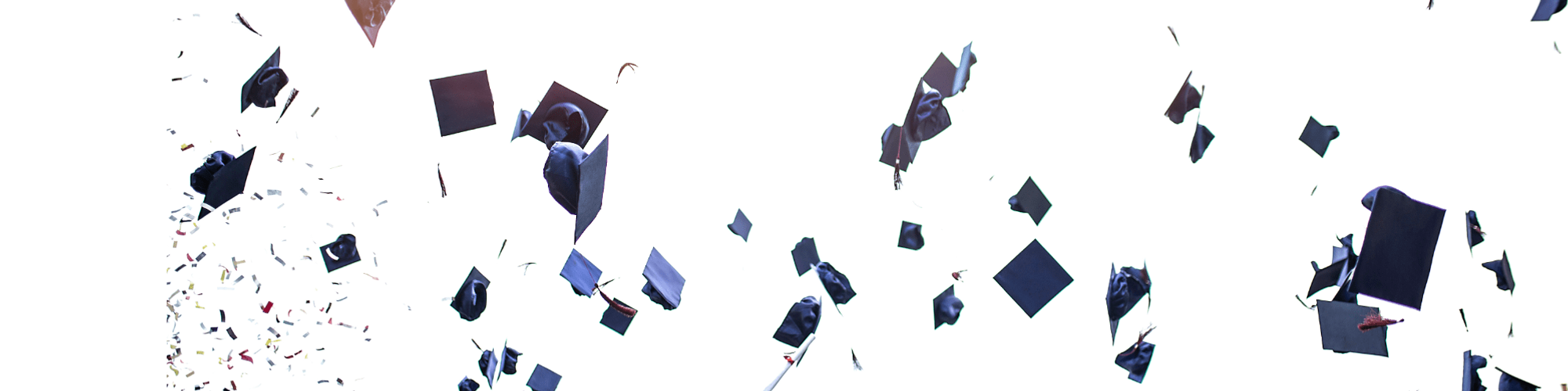 Lots of graduation mortarboards thrown in the air
